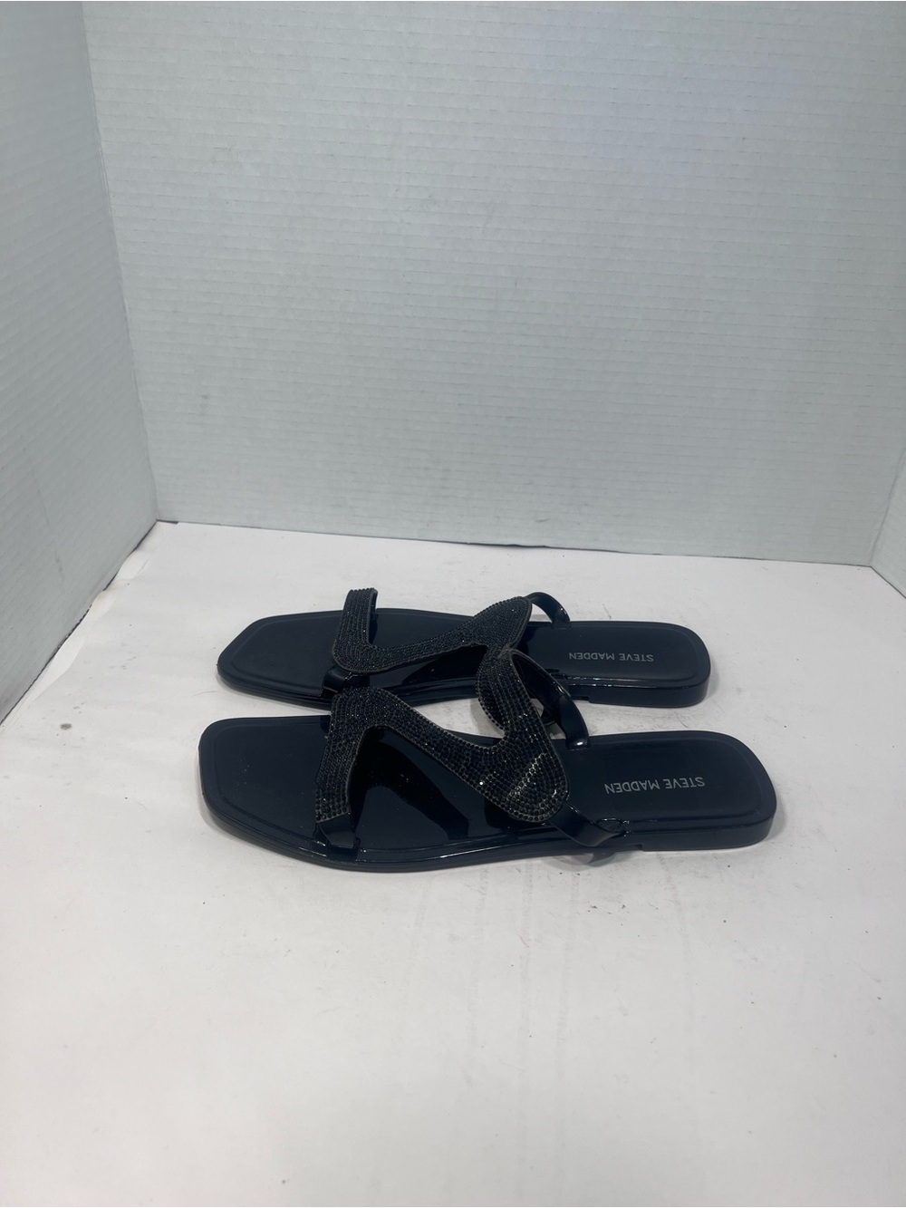Steve Madden Black Rhinestone Cross-Strap Slide Sandals - Picture 3 of 5